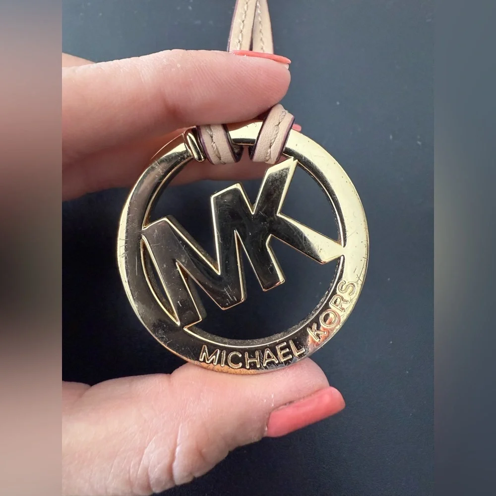 Michael Kors Gold Tone MK Logo Keychain with Tan Leather Strap